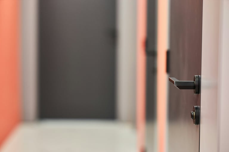 Close-up of a modern door with black handle against a blurred background of orange and gray walls